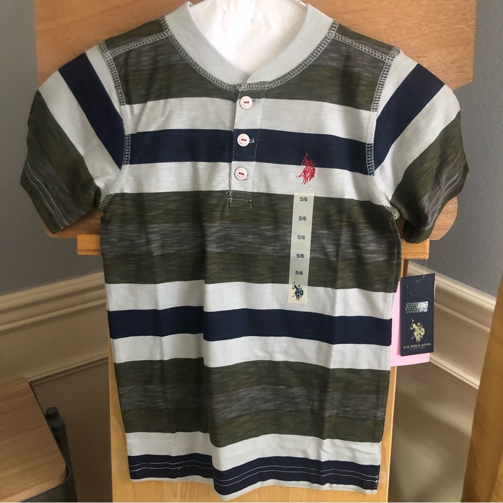 NEW U.S. Polo ASSN Short Sleeve Henley TShirt Gray Blue Green Striped Boys 5/6